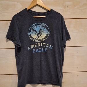American Eagle Outfitters Charcoal Graphic Tee with Blue and Cream Logo Size XL